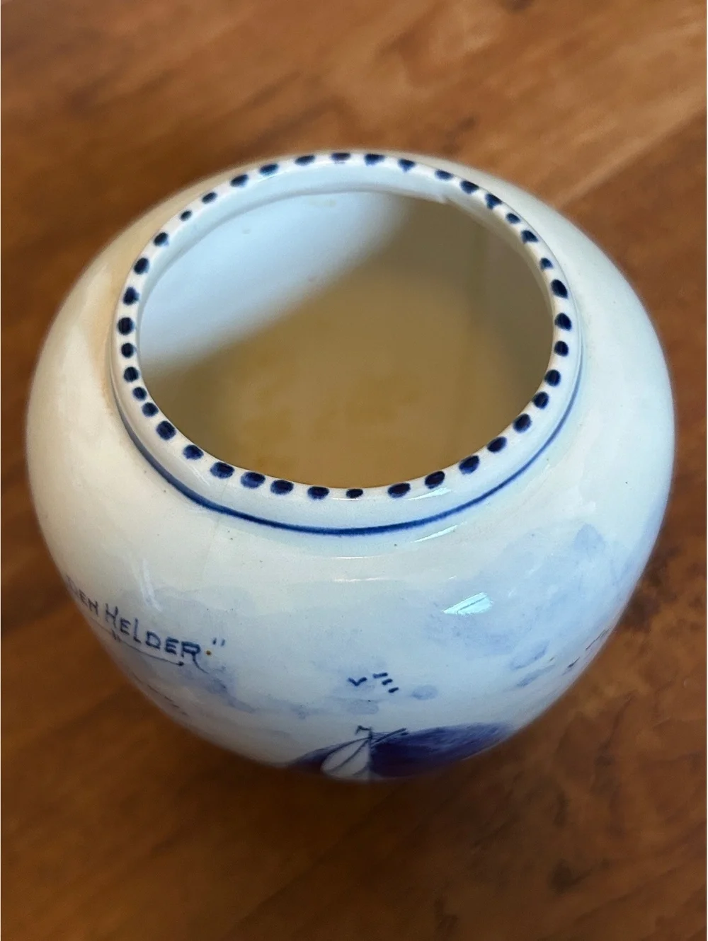 Vintage Delft Blue Ceramic Vase with Sailing Ship and Floral Design